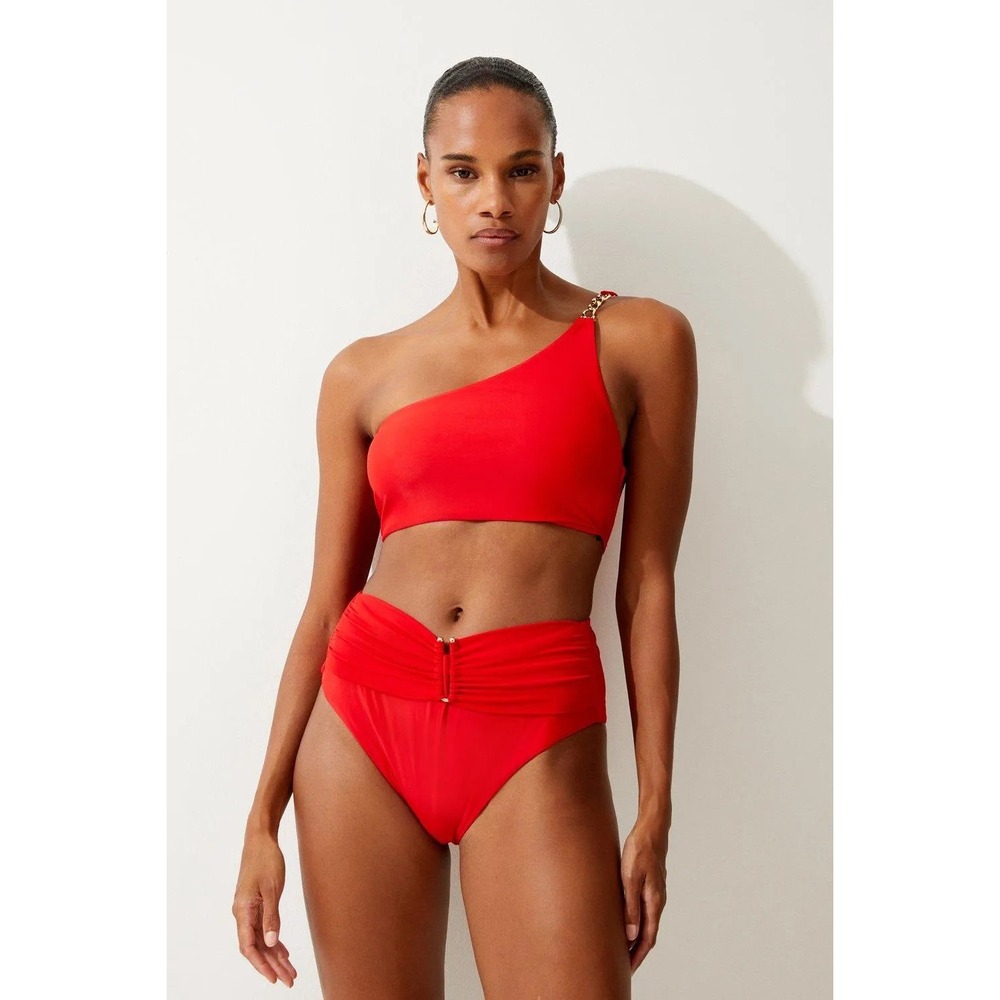 Karen Millen Red One Shoulder Chain Bikini Set High Waisted Ruched Bottoms S